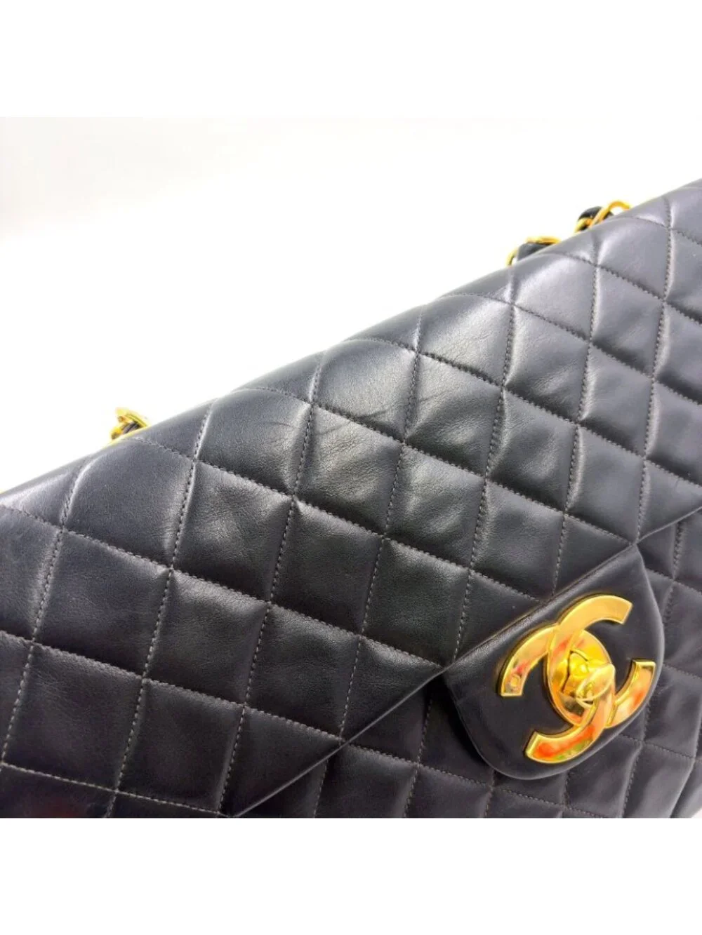 Chanel Maxi Quilted 34 Lambskin Black Chain Shoulder Bag Gold